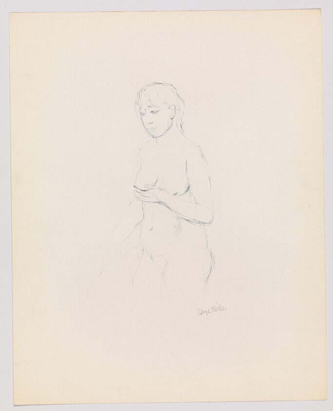 Delicate pencil sketch of a standing nude woman holding her hand to her chest on blank paper.