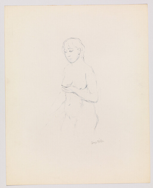 Delicate pencil sketch of a standing nude woman holding her hand to her chest on blank paper.
