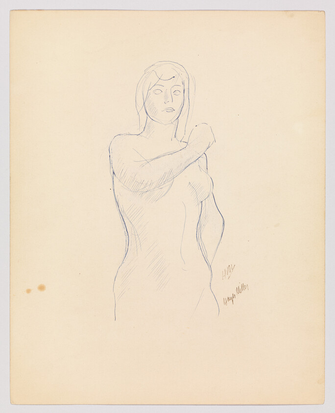 A simple pencil sketch of a standing woman with one arm raised across her chest.