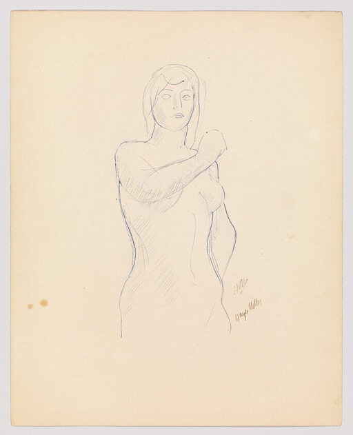 A simple pencil sketch of a standing woman with one arm raised across her chest.