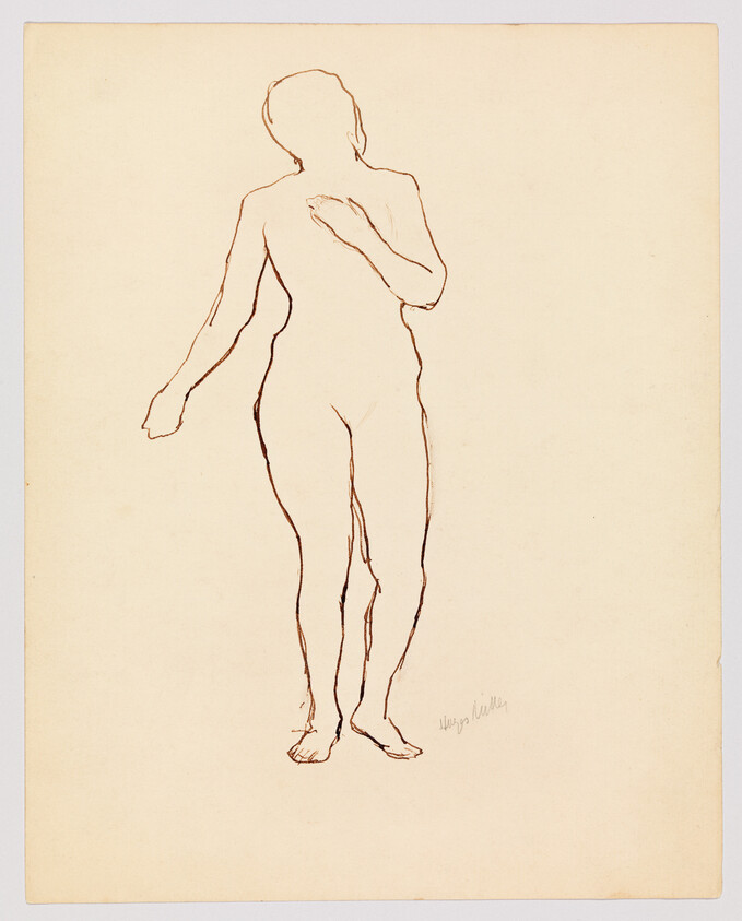 A minimalist line drawing of a human figure viewed from the back on a beige background. The figure is depicted with simple, elegant lines suggesting the contours of the body without detail. The artist's signature is visible at the bottom right.