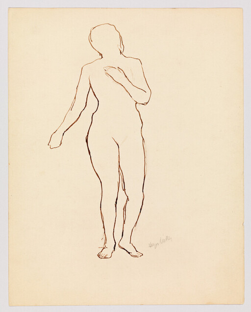 A simple brown line drawing of a standing nude woman with one hand near her chest.