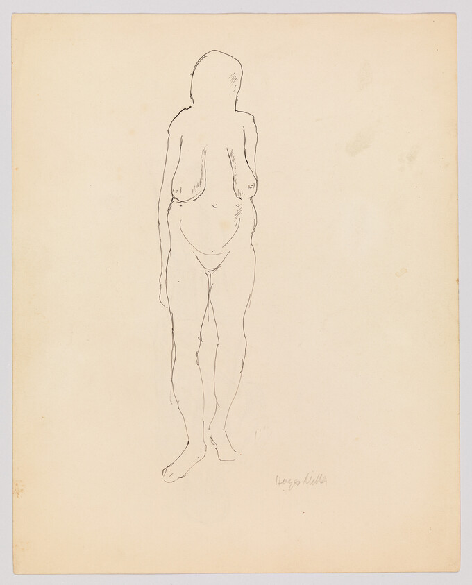 A simple pencil line drawing of a standing nude woman with minimal facial detail.