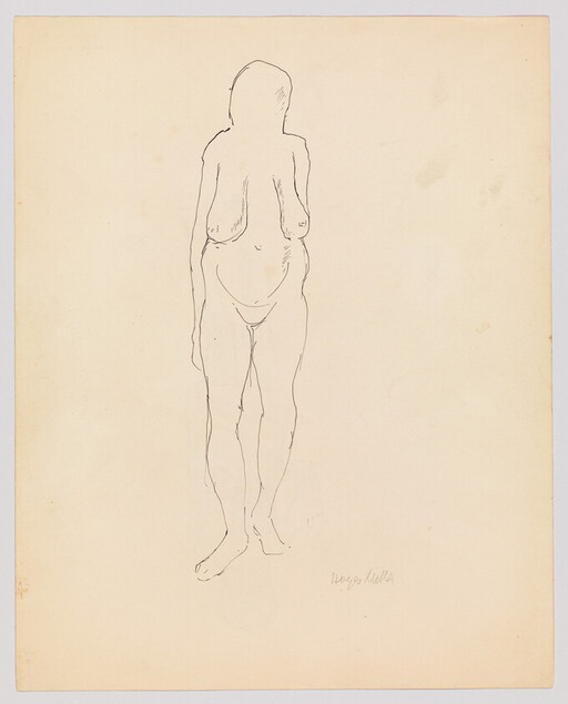 A simple pencil line drawing of a standing nude woman with minimal facial detail.