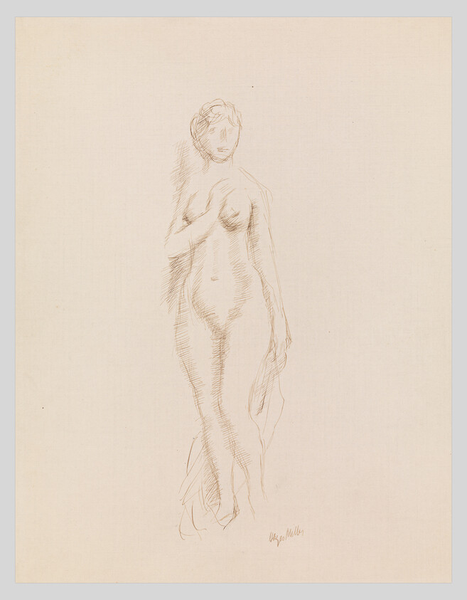 A simple pencil sketch of a standing nude woman with one hand raised to her chest.