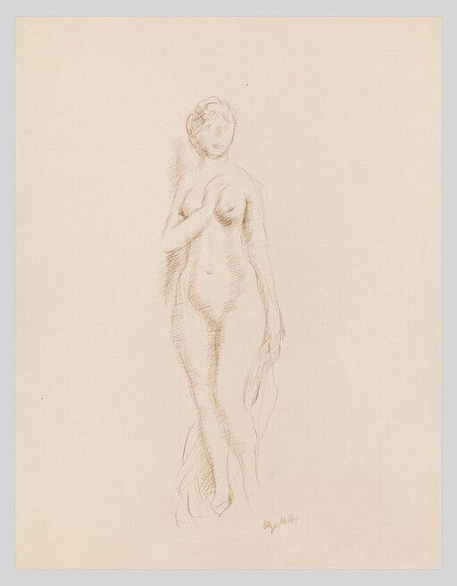 A simple pencil sketch of a standing nude woman with one hand raised to her chest.