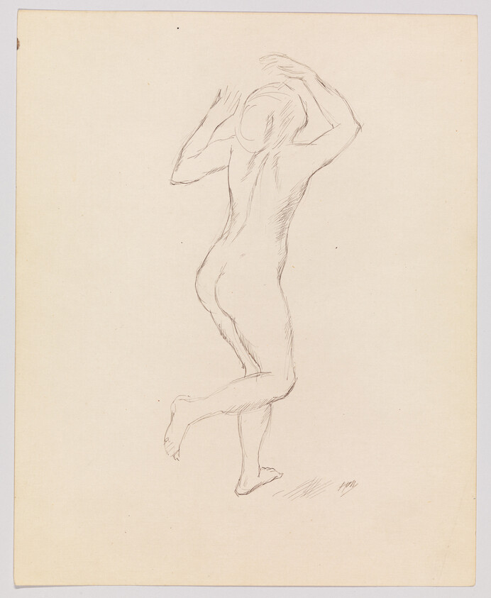 Nude figure seen from the back balancing on one foot with hands raised to the head.