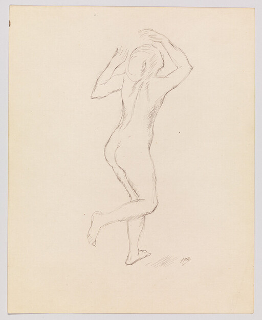 Nude figure seen from the back balancing on one foot with hands raised to the head.