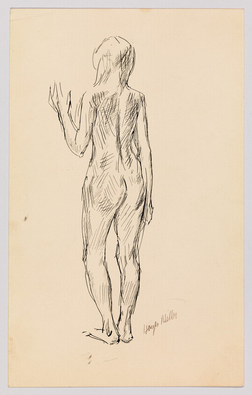Nude woman stands facing away with one hand raised in a loose ink sketch.