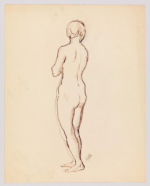 Nude figure standing with arms crossed, seen from behind in a simple line drawing.