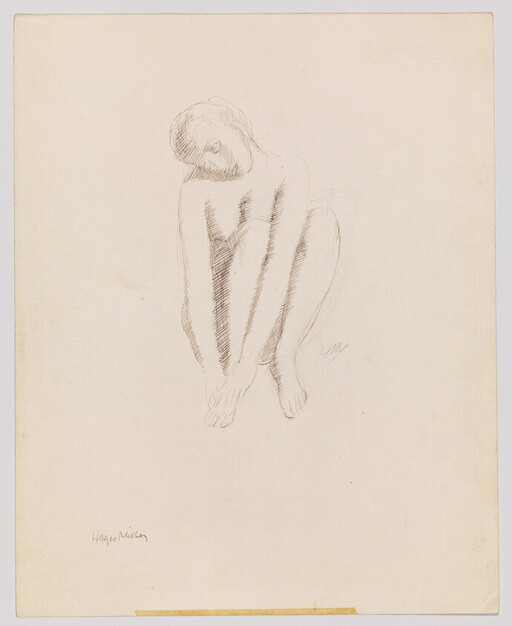 Pencil sketch of a seated nude woman crouching with her head bowed and hands on her feet.
