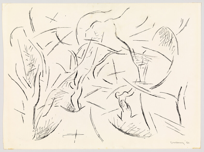 Black ink sketch of abstract flowing curved lines and shapes on cream paper.