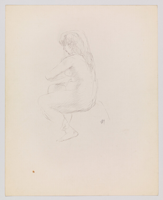Seated nude woman in profile, perched on a low rock with arms folded and head bowed.