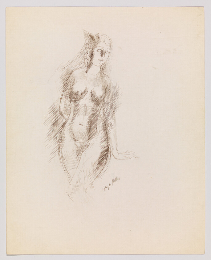 A loose pencil sketch of a standing nude woman leaning to one side with her hand resting.