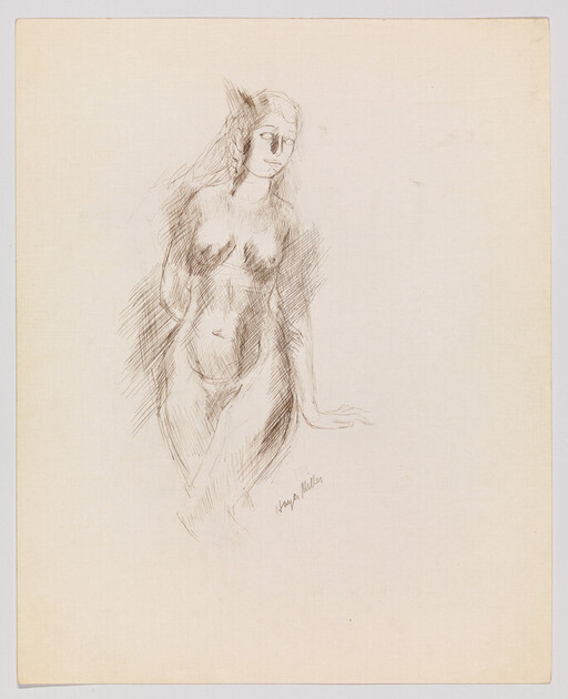 A loose pencil sketch of a standing nude woman leaning to one side with her hand resting.