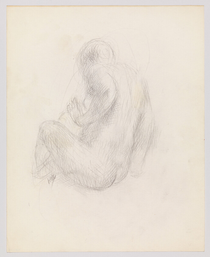 Seated nude figure drawn with soft pencil lines, back turned and head bowed.