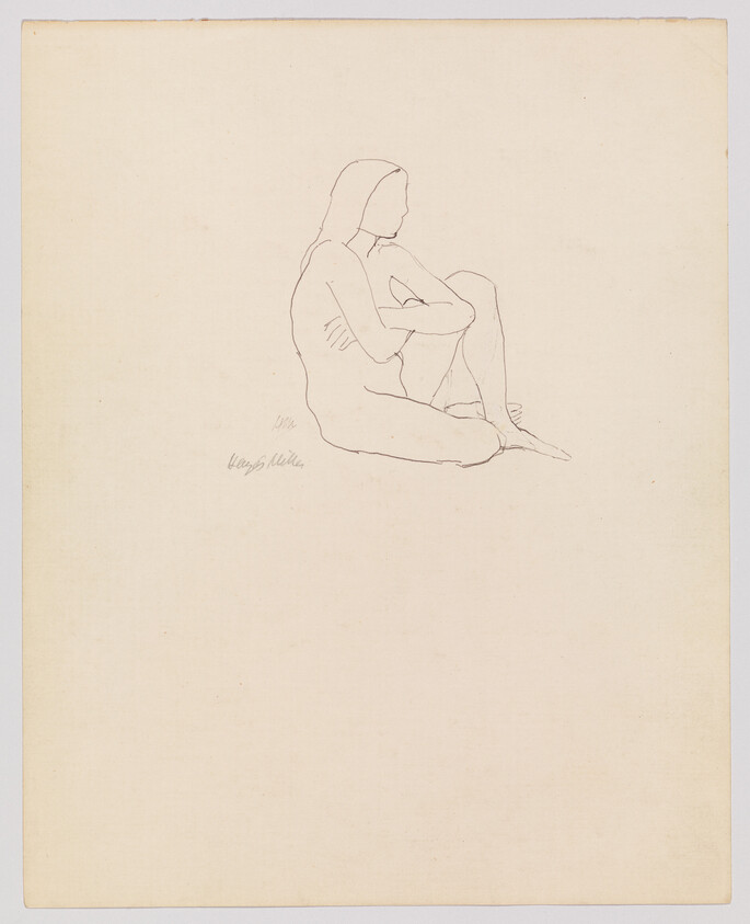 A simple pencil line drawing of a seated nude woman hugging her knees.