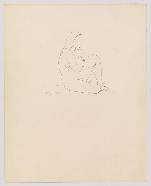A simple pencil line drawing of a seated nude woman hugging her knees.