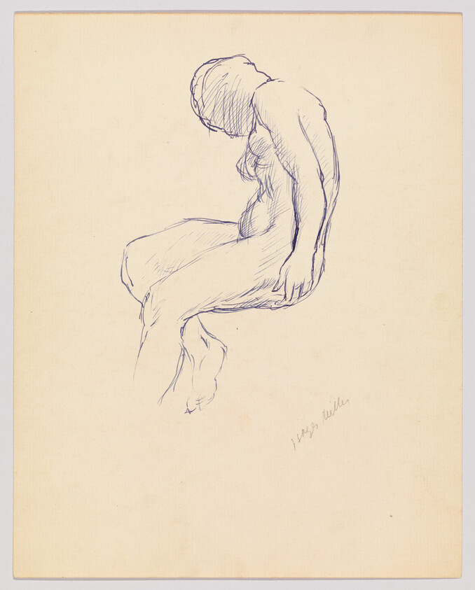 Seated nude figure drawn in blue pen with head bowed and hands resting on thighs.
