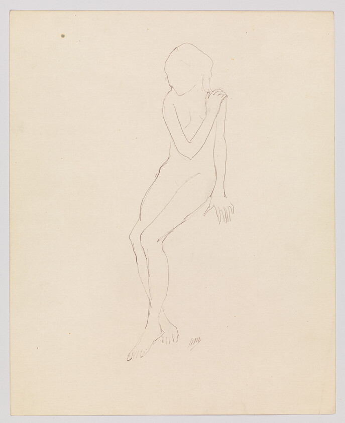 A simple pencil sketch of a seated nude woman with one hand resting on her shoulder.