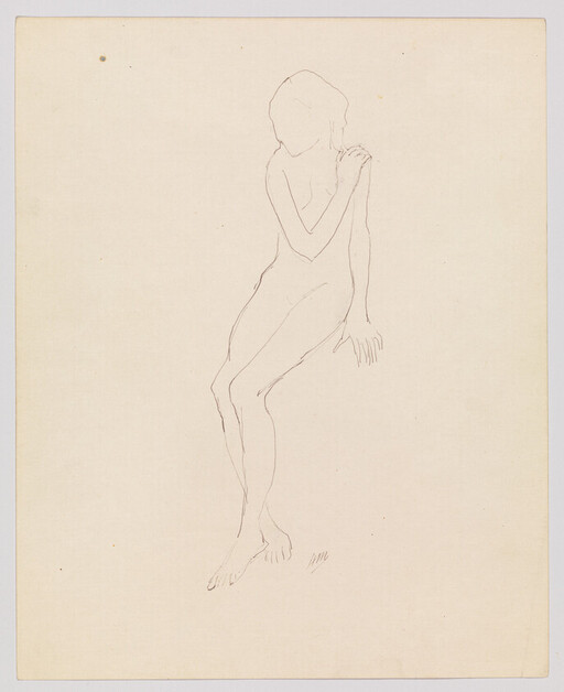 A simple pencil sketch of a seated nude woman with one hand resting on her shoulder.