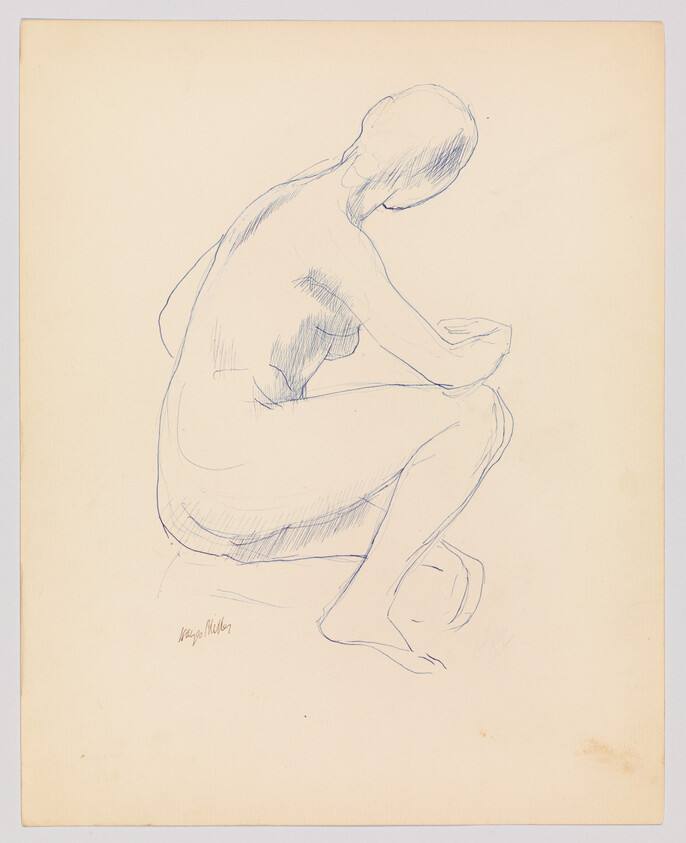 Nude woman seated on a low stool, leaning forward with hands together.
