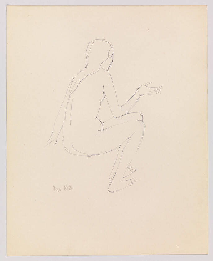 A simple pencil sketch of a seated nude woman seen from behind with an outstretched hand.