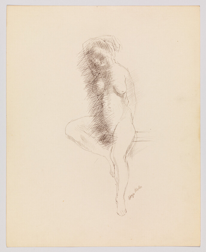 Nude woman seated with one knee raised, head bowed and shaded with cross-hatching.