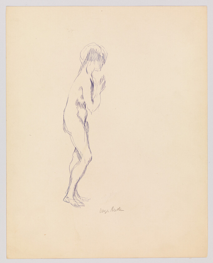 A simple pencil sketch of a young nude standing figure with hands held near the chest.