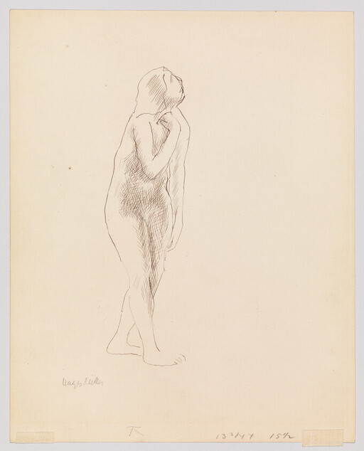 A simple line drawing of a standing nude figure looking upward with one hand on the chest.
