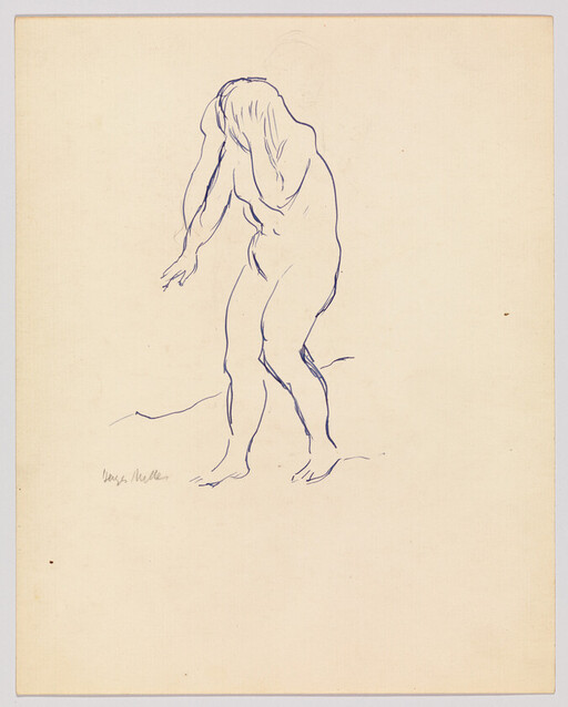 A standing nude figure drawn in blue ink covering their face with both hands.