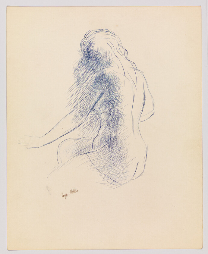 A blue-pen sketch of a seated nude woman viewed from behind with long hair.