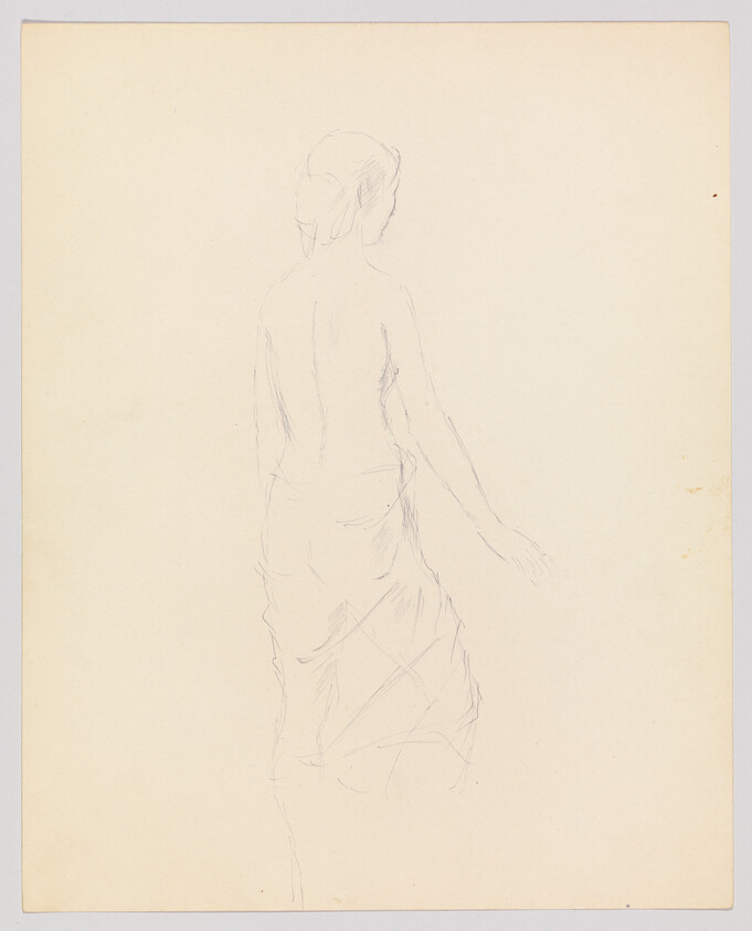 Sketch of a standing figure seen from behind, with a focus on the outline of the body and minimal detail, on a beige paper background.