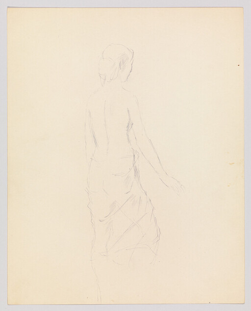 A light pencil sketch of a standing woman seen from the back with an outstretched arm.