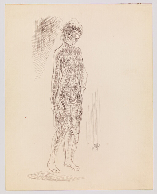 A pen sketch of a standing nude woman looking down, drawn with loose cross-hatched lines.
