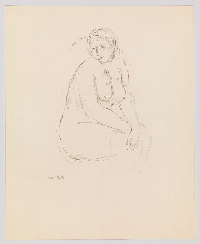 A simple line drawing of a seated nude woman looking downward with folded arms.