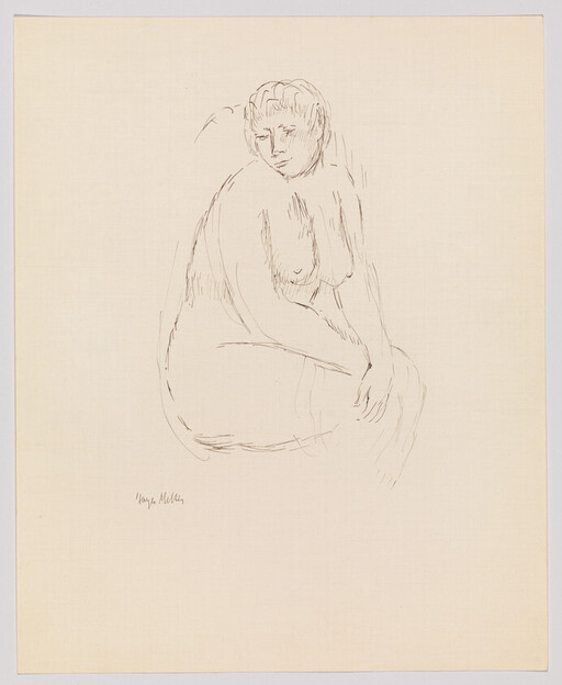A simple line drawing of a seated nude woman looking downward with folded arms.