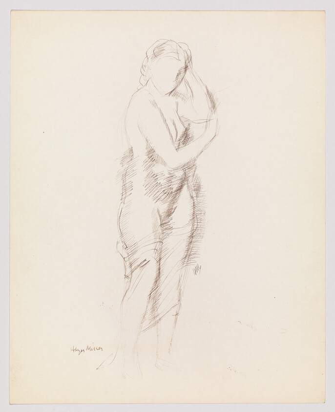 Standing sketch of a nude woman holding her head with one hand.