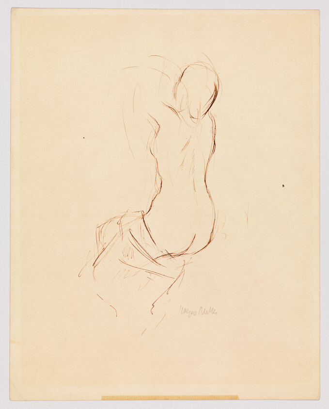 A loose pen sketch of a seated nude woman shown from the back.