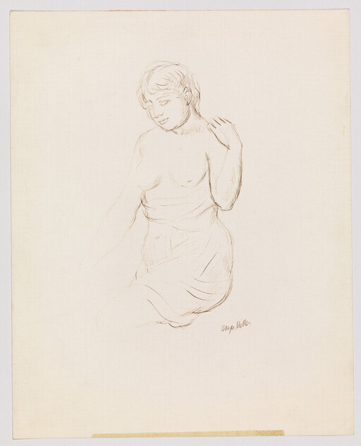 Seated woman with draped cloth looking down, hand resting on her shoulder.