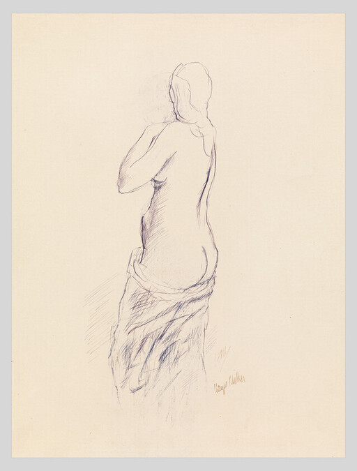 Pencil sketch shows a standing woman seen from behind with a draped cloth around her hips.