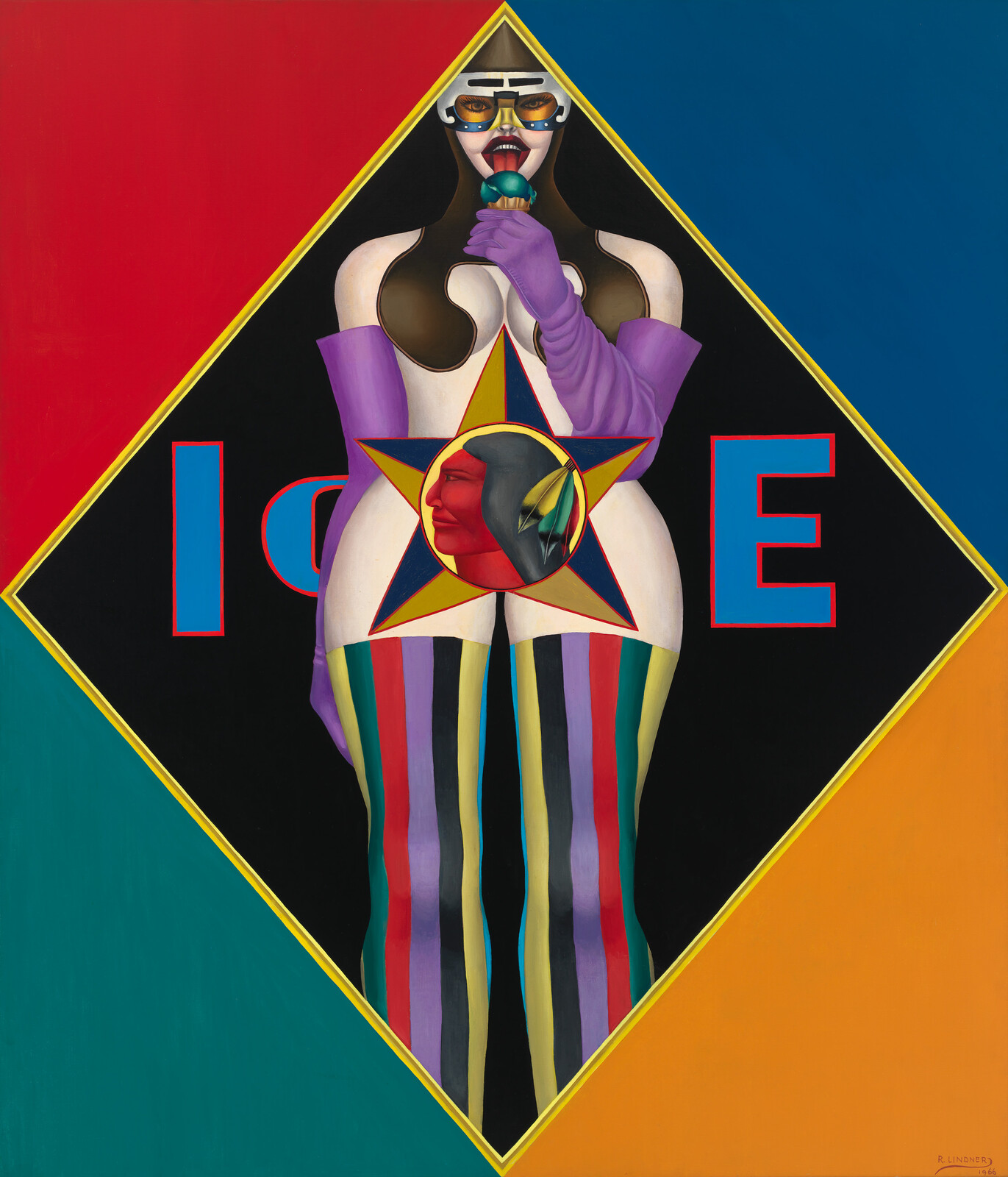 A stylized figure in purple gloves and striped pants licks a green lollipop with LOVE behind.