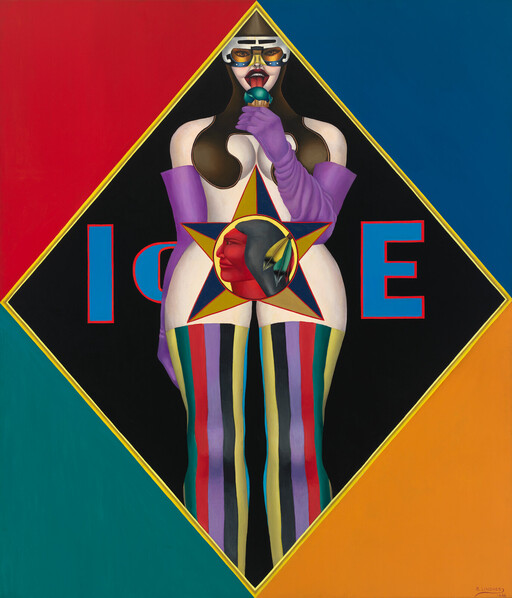 A stylized figure in purple gloves and striped pants licks a green lollipop with LOVE behind.
