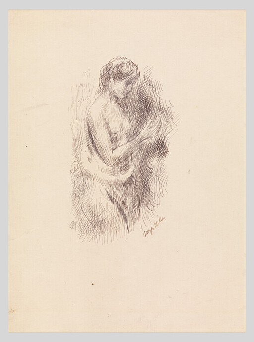 A pen sketch of a standing nude woman looking down and holding her arms across her chest.