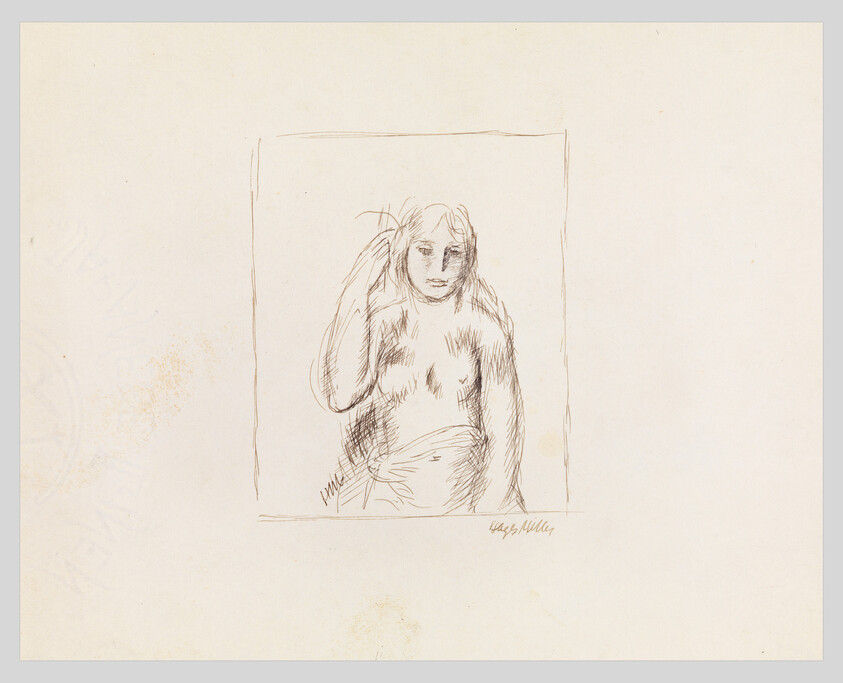 Sketch of a seated woman with her hand in her hair on aged paper, signed by the artist.