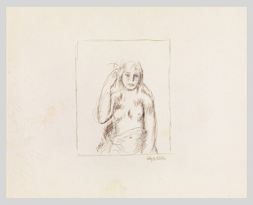 A simple pen sketch shows a topless woman adjusting her hair while wrapped in a cloth.