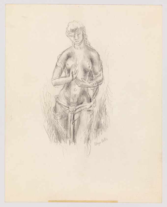Nude woman standing with hands near her chest and cloth draped around her hips.
