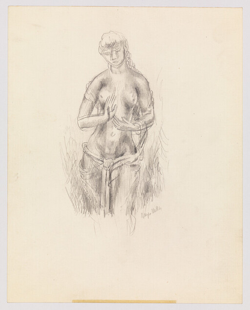 Nude woman standing with hands near her chest and cloth draped around her hips.