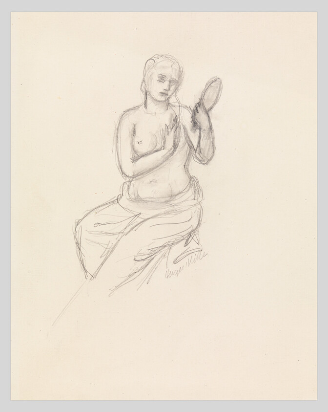 A seated woman, partially draped, holds a hand mirror and studies her reflection.