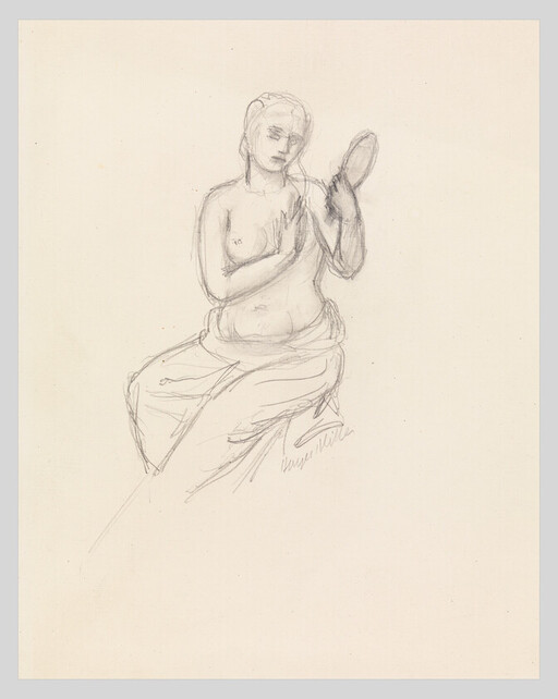 A seated woman, partially draped, holds a hand mirror and studies her reflection.